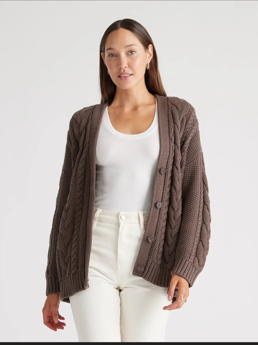 Quince 100% Organic Cotton Oversized Cable Cardigan Heather Brown